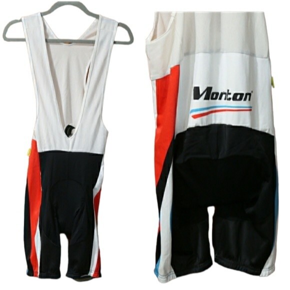 Monton Sports Cycling Bib Shorts Red White Blue Logo Spellout XL Performance - Picture 1 of 14